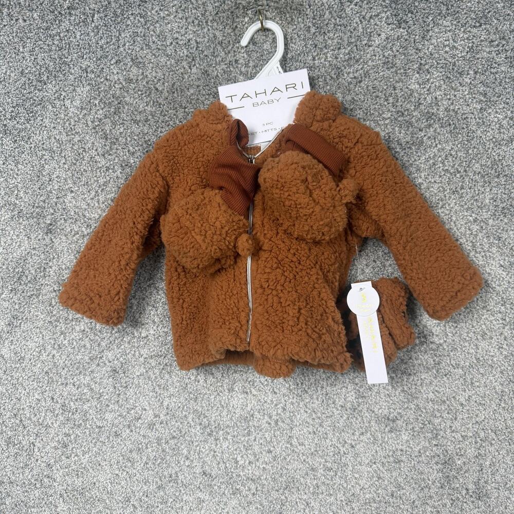 Tahari Baby Jacket Girls 3-6M Brown Teddy Bear Hood Mitts Booties Set Sherpa